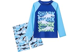 Ewbob Boys 2 Pieces Rash Guard Sun Protection Long Sleeve Kid Swimsuits Quick Dry Swim Shirt Trunks for Boys 3-12 Years