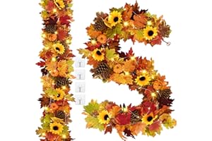 WAIPFARU Fall Decor - 2 Pack Fall Garland with Lights, 5.7 Ft/Piece Lighted Sunflower Autumn Leaves Garland Pumpkin Decoration, Artificial Fall Flower Garland for Wedding Outdoor Mantle Thanksgiving Home Decor