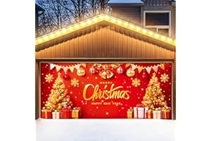 YUSPENYE Christmas Garage Door Cover Decoration, 7x16 ft Holiday Garage Door Banner, Outdoor Banner Garage Door Decorations, Merry Christmas Happy New Year Red and Gold Trees Gifts Scene