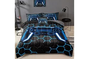 BDUCOK 5 Piece Gamer Comforter Sets Bed in A Bag for Boys Teen Kids,Honeycomb Gaming Bedding Sets Gamepad Comforter Microfiber Bed Set for All Season Gamer Home Decor(Blue,5 Piece Sets30022-Twin)