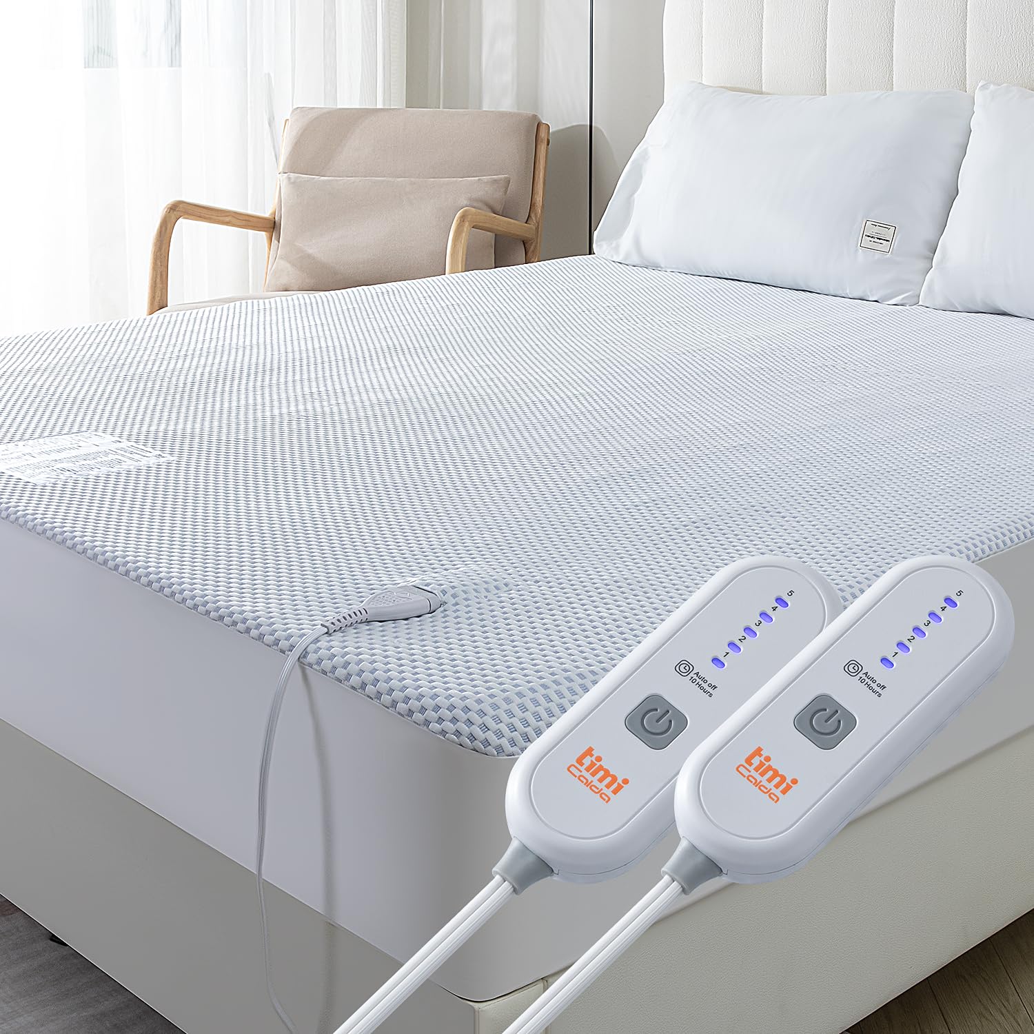 Photo 1 of TiMiCalda Heated Mattress Pad Queen - Electric Mattress Pad Cover with Dual Controllers, 5 Heat Settings & 10-Hour Auto Off, Deep Pocket Bed Protector for All Seasons, 60"x80"