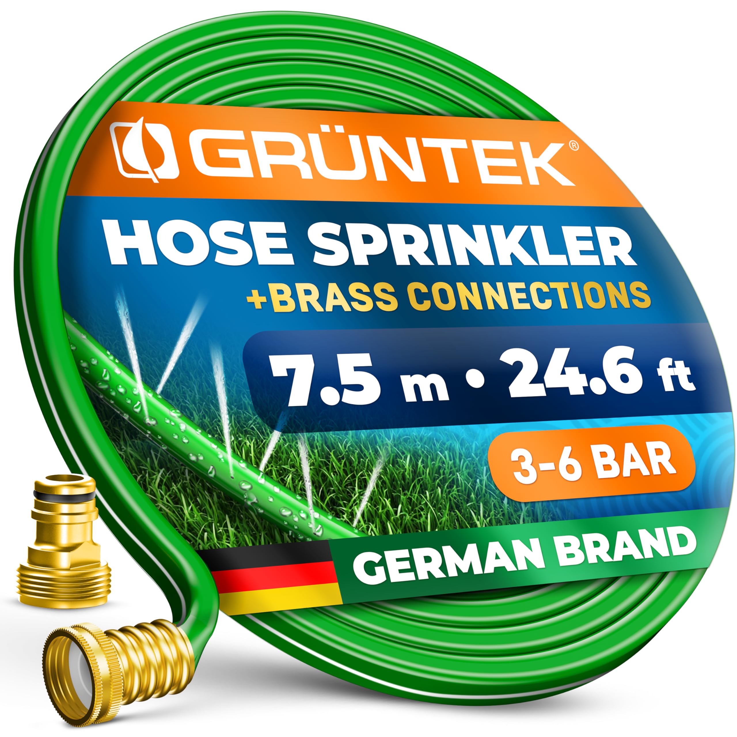 GRÜNTEK Hose Sprinkler 7.5m – Flexible Garden Irrigation with 3 Water Channels | Even Water Distribution | Weather-Resistant with Brass Connector | Ideal for Lawns & Flower Beds