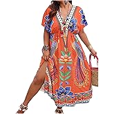 Floerns Women's Plus Size Tribal Print Dolman Sleeve Slit Summer Maxi A Line Dress