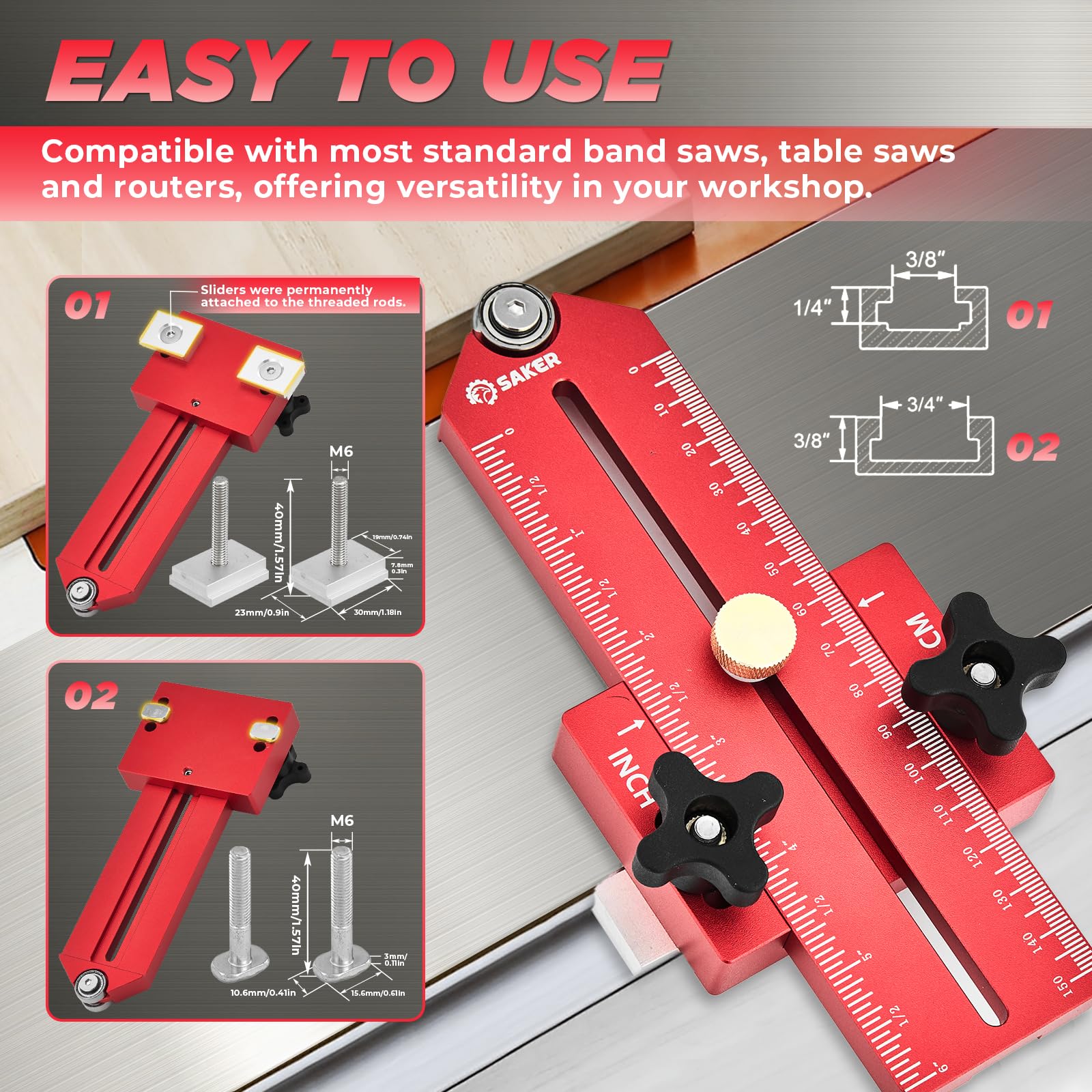 Saker Thin Rip Jig Table Saw Jig Guide, Making Repetitive Narrow Strip Cuts, Fit for 3/4