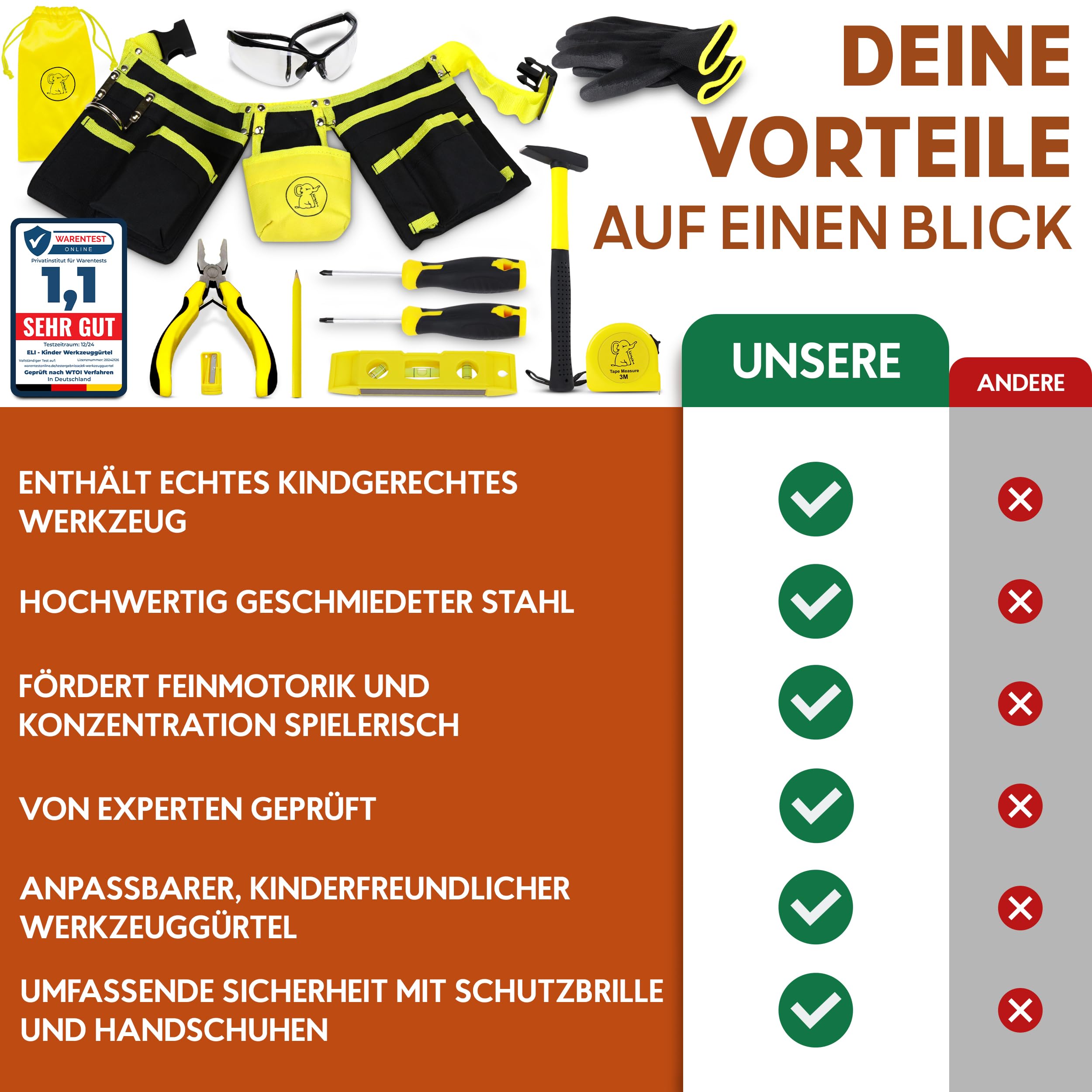 Eli® Werkzeuggürtel für Kinder ab 6 Jahre - echtes Kinderwerkzeug Set 7