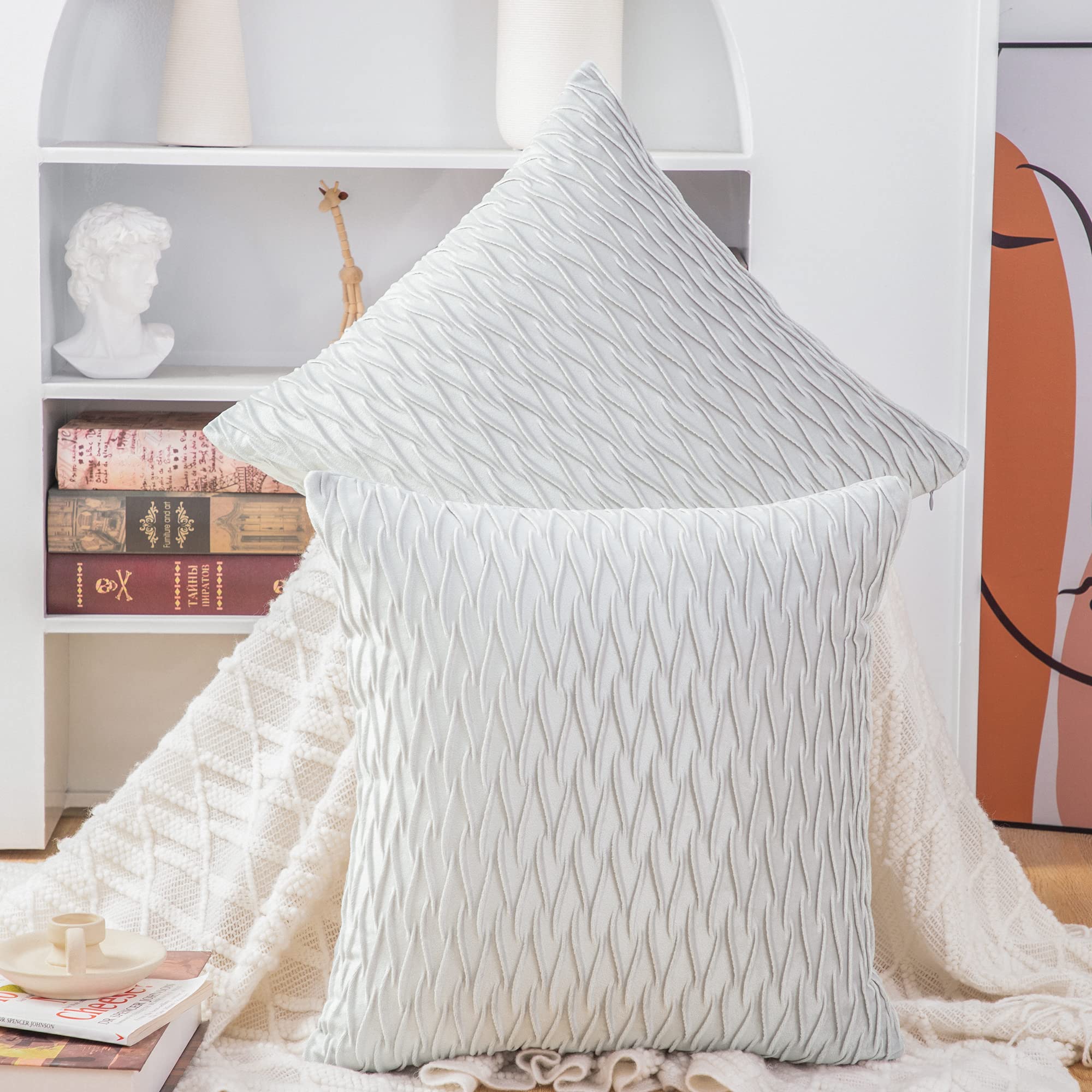 Madizz Pack of 2 Super Soft Velvet Decorative Cushion Covers with Texture Luxury Style Throw Pillow Cases European Pillow Shell for Sofa Bedroom Square Greyish White 24x24 inch — image 1