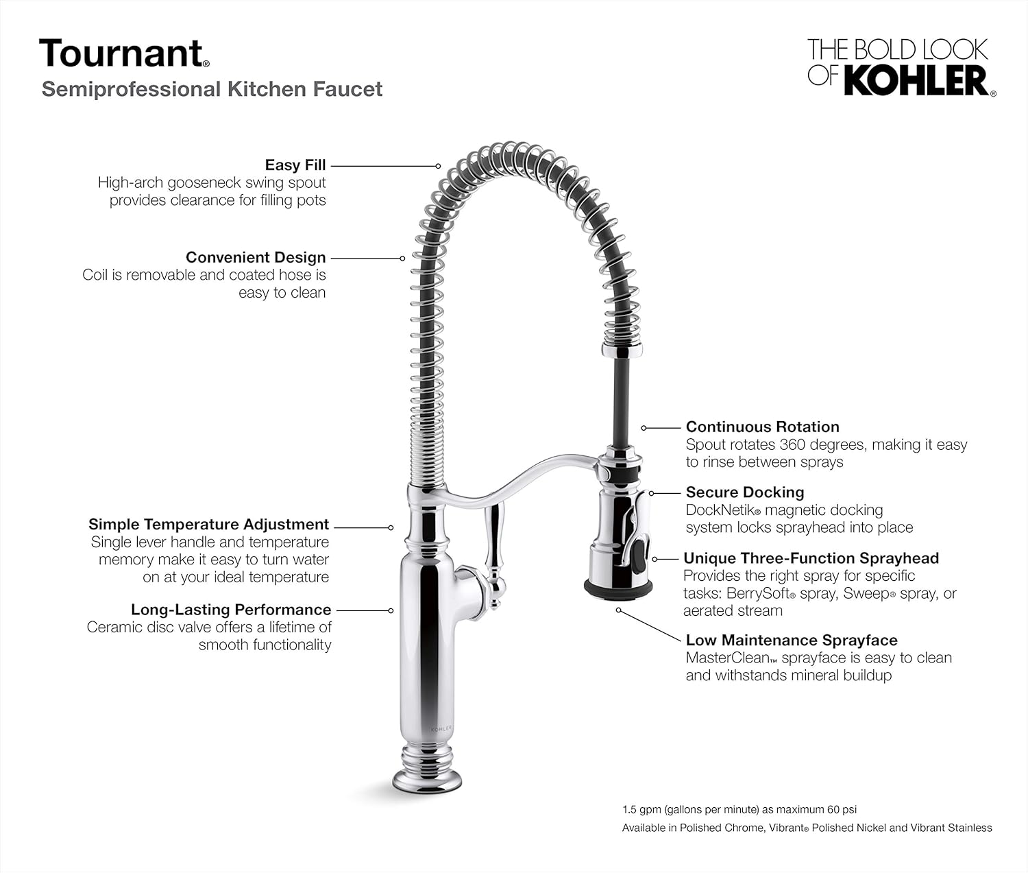 KOHLER K77515CP Tournant SemiProfessional PullDown Kitchen Sink