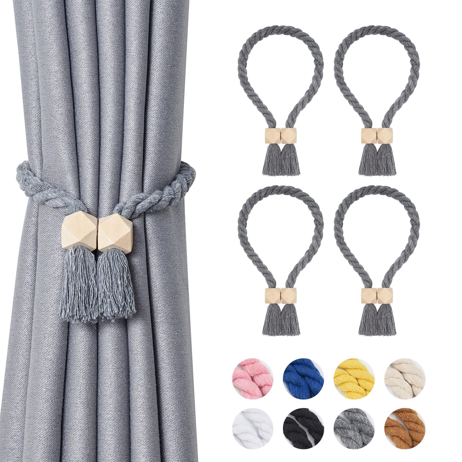 Pretty Jolly 4 Pack Wooden Polyhedron Magnetic Curtain Tiebacks Boho Home Decor Drape Tie Backs Natural Cotton Hand Woven Rope Curtain Holdbacks for Home & Office Window Draperies (Grey)