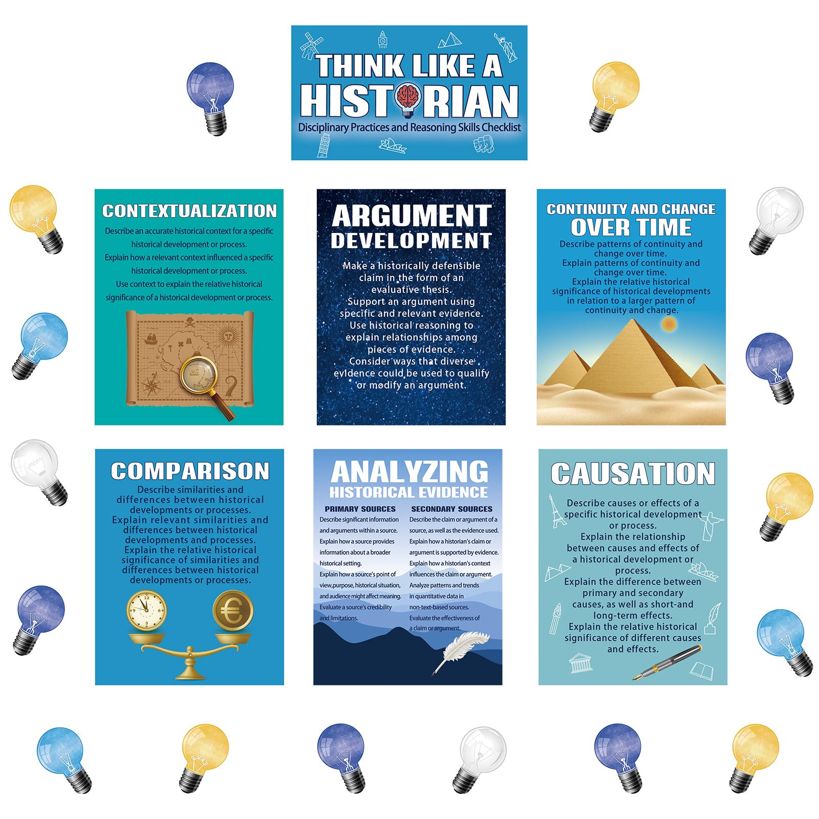 Photo 1 of Outus 47 Pieces Thinking Poster Social Studies Bulletin Board Decoration with Light Bulb Cutouts Think Like a Historian Poster for Middle School High School Office Home Classroom Supplies (Bright)