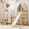 SOFTSEA Twin House Loft Bed with Stairs and Slide, Wooden House Loft Bed with Storage Shelves, Stairway Playhouse Bed with Roof Tent and Ladder for Kids Boys Girls, No Box Spring Needed, Natural
