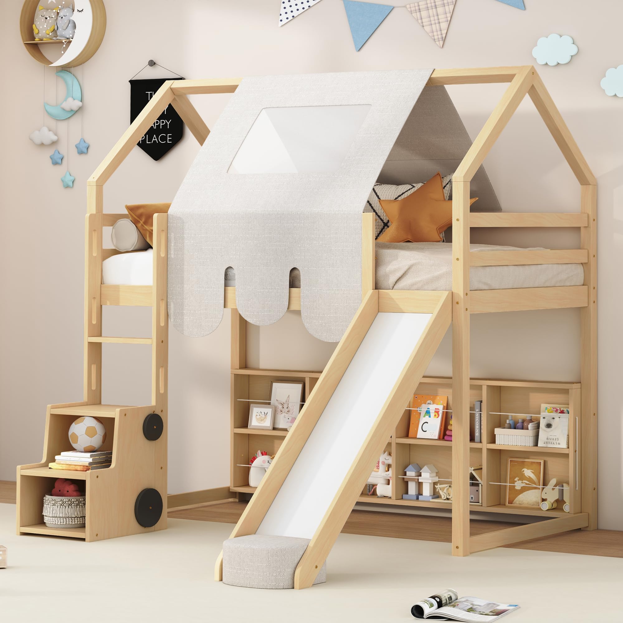 Photo 1 of **SELLING FOR PARTS AS PARTIAL SE. ONE BOX OF TWO**Merax Twin Size Junior Wood Loft Bed with Slide and Storage Shelves, House Loft Bed with Staircase for Girls Boys,Easy Assemble, Natural