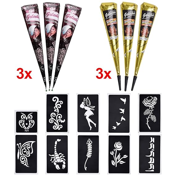 6x Henna Tattoo Temporäre Tattoo Natürliche + 10x Henna Tattoo Schablone,Temporäre Mehndi Tattoos, Natürliche Kegel, Tattoo s