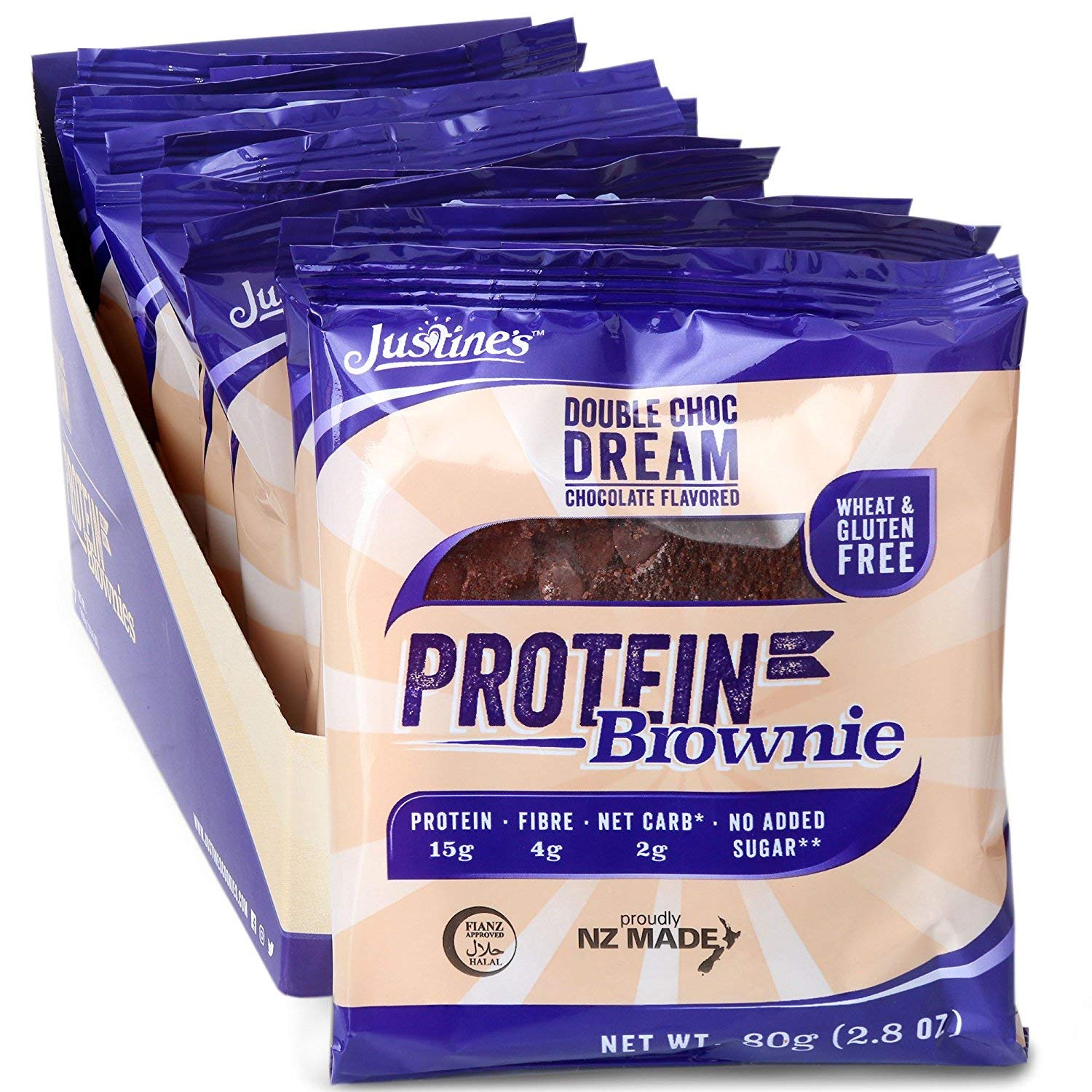 Justine's Double Chocolate Dream Brownie, Soft Baked High Protein Healthy Snack Cookie, Ultra Low Carb, No Added Sugar, No Gluten or Wheat, Made in New Zealand (2.82 Ounce, 12 Pack)