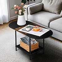 Small Oval Coffee Table, 2-Tier Farmhouse Round Coffee Table with Storage and Open Shelving, Center Table for Living Room, Sm