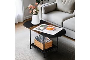 Small Oval Coffee Table, 2-Tier Farmhouse Round Coffee Table with Storage and Open Shelving, Center Table for Living Room, Sm