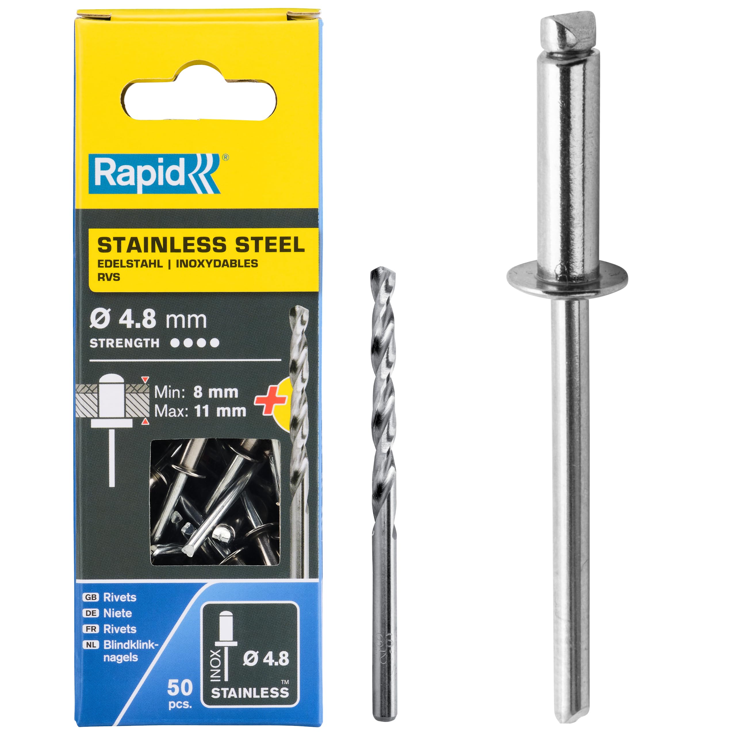 Rapid High Performance Stainless Steel Rivets, Ø4.8 x 14 mm - 4.8mm Rivets for License plates, Mudguards, Metal Coverings, and Sheet Metal - Includes Drill - 50 Pieces, Boxed (5001461)