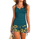 SHEKINI Womens Tankini Set Two Piece Bathing Suit Ruched Swimsuit Tank Top with Boyshorts Modest Tummy Control Swimwear