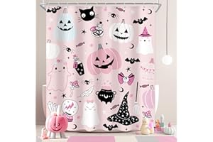 Ufeela Halloween Pumpkin Shower Curtain 60Wx72L Inch Kids Pink Cute Cartoon Spooky Ghost Crystal Ball Bathroom Set Lovely Funny Witch Candy Bath Curtain Bathtub Accessories Home Decor