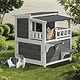 DWVO Large Two-Story Outdoor Cat House with Balcony for 2 Cats, Solid Wood Feral Cat Shelter Weatherproof with Escape Door & Openable Asphalt Roof, 2 Story Outside Cat Condo for Small Animals, Grey