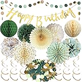 Sage Green Birthday Party Decoration - 13 Pcs Banners Double Spirls Tissue Pompoms Honeycomb Balls Paper Fans for Women Men Birthday Party Anniversary Decor Supplies