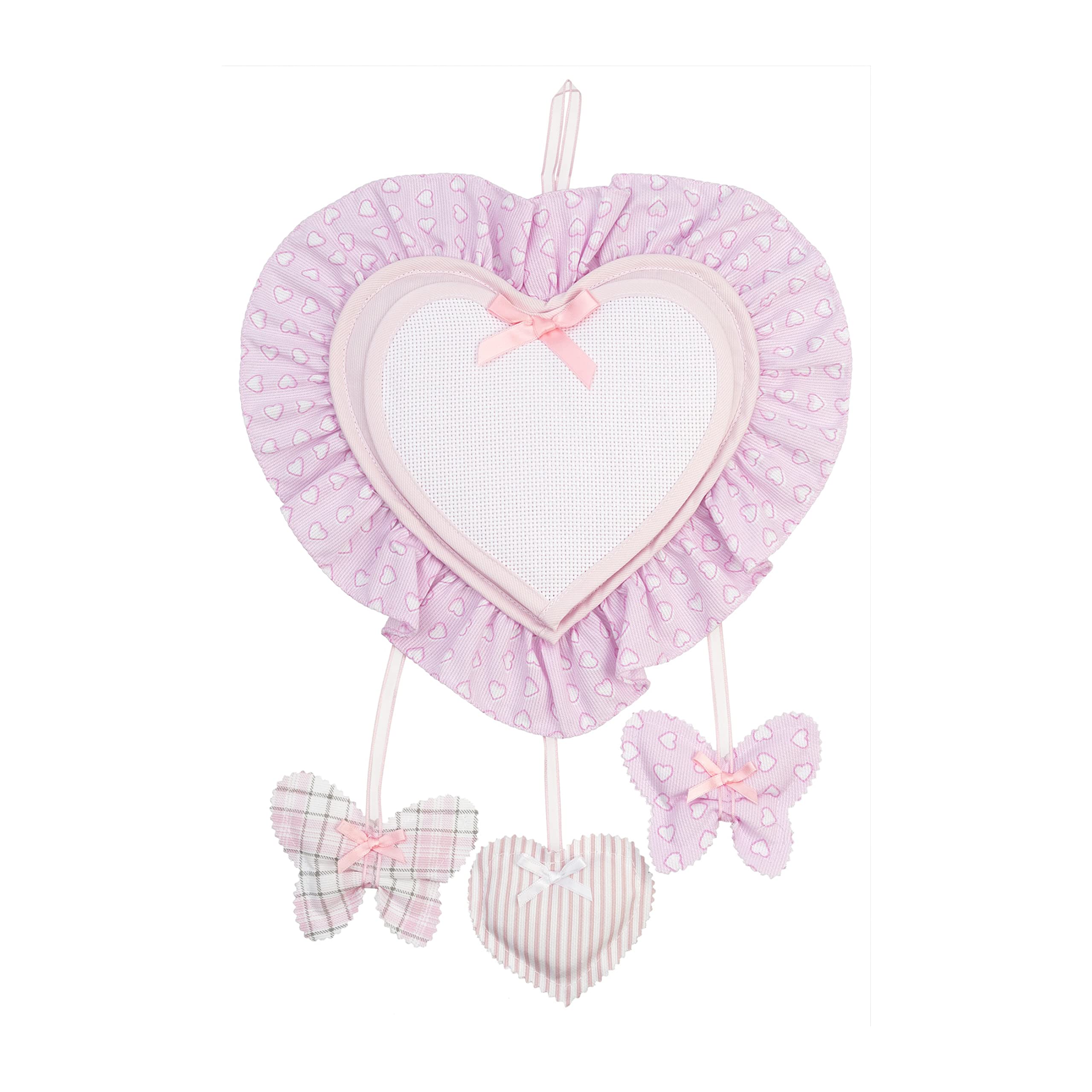 FILET - Aida Canvas Heart Shaped Birth Announcement Ribbon to Embroider, with Butterfly and Heart Shaped Pendants, Made of Cotton, Ideal for Hanging, 100% Made in Italy, Pink Colour