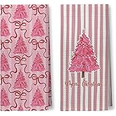 Foritho Pink Merry Christmas Tree Kitchen Towels, Coquette Christmas Tree Hand Towels for Bathroom, Preppy Pink Xmas Striped Holiday Dish Tea Towel for Kitchen Decor, 16x24 Inch Set of 2