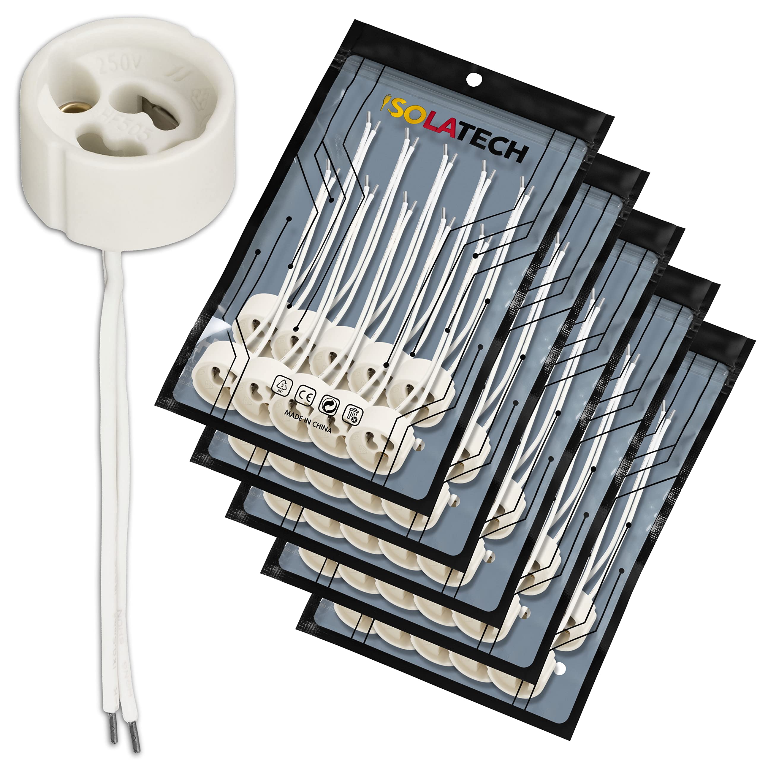 GU10 Lamp Holder Socket Standard for Halogen and LED, Base, VDE, RoHS, 230-250 Volt, 2A, max. 100W - Quantity: 50