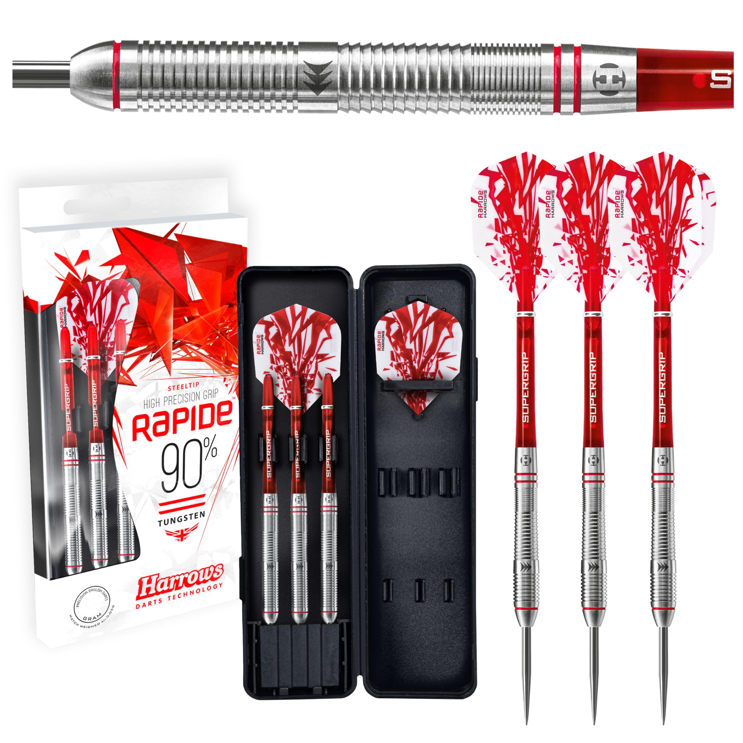 Harrows Rapide 90% Tungsten Steel Tip Darts Set (25g), High Precision Grip Darts (25g)