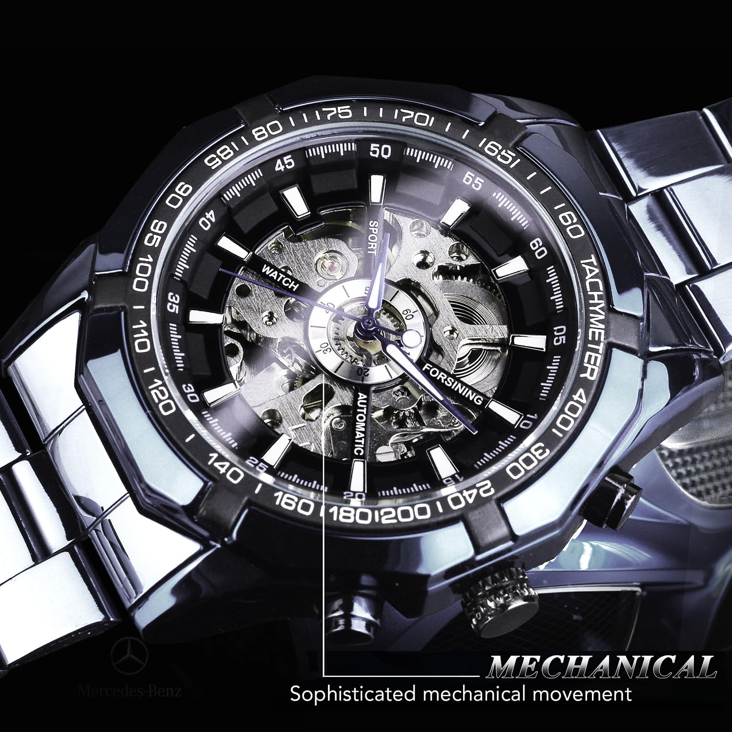 FORSINING Mens Watches Automatic Skeleton Hollow Mechanical Automatic Luxury Watch Blue Black Stainless Steel Band Waterproof Wrist Watch, silver black, Modern