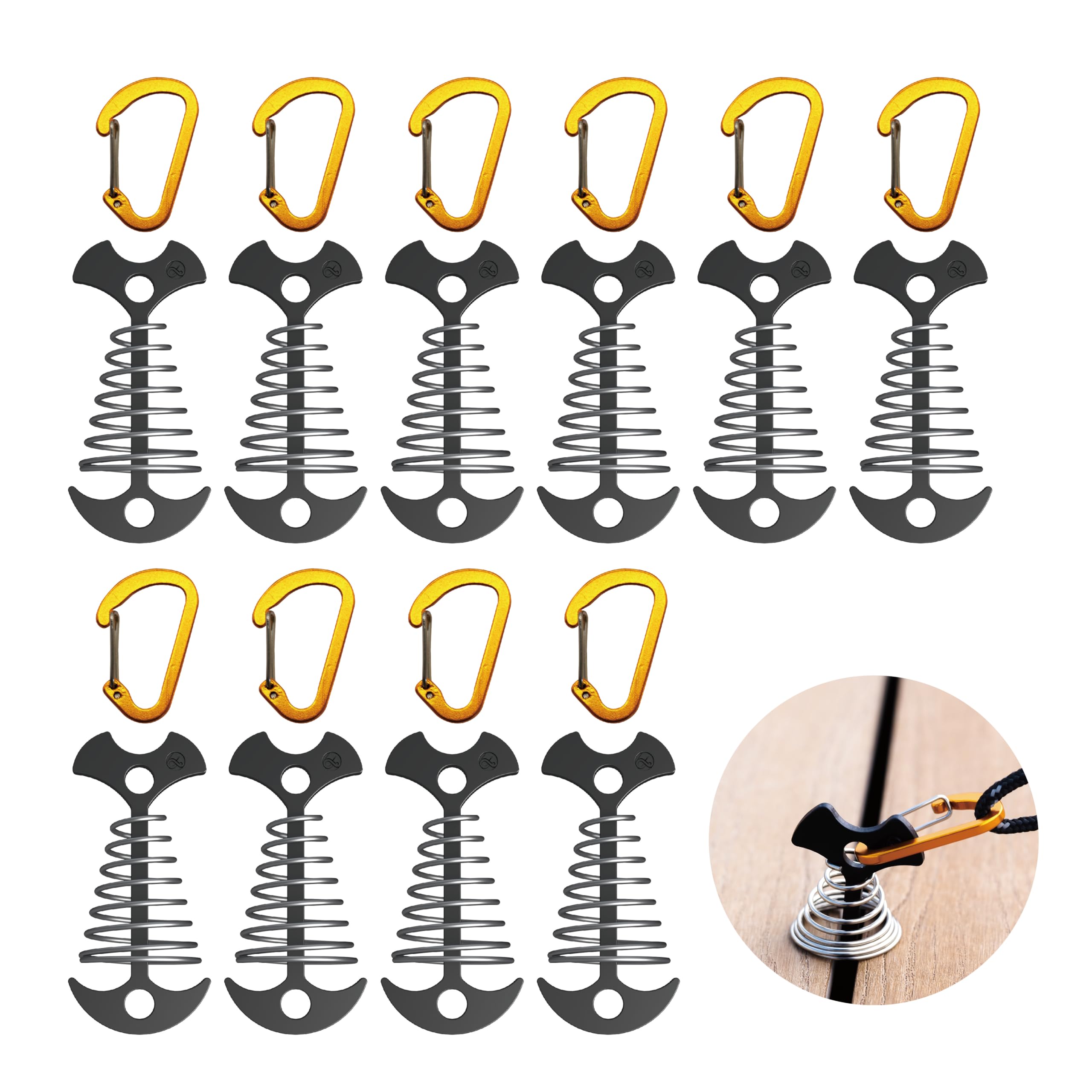 NACETURE Deck Anchors Pegs With Carabiners - Tie Down Anchor Rope Tensioner | Rope Tent Tie Down Stakes Clips, Canopy Tent Anchors Outdoor camping tent accessories 10 Pack (Black)