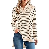 MASCOMODA Womens Sweaters Fall 2025 Oversized Striped Sweater Long Sleeve Polo V Neck Loose Side Slit Knitted Tunic Tops