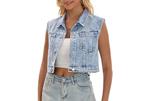 CIMUK Women's Denim Vest Button Down Jacket Washed Rhinestones Sleeveless Jean Jacket