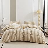 ECOCOTT Duvet Cover King Size - Linen Feel Organic Natural 100% Washed Cotton, Soft Breathable & Durable Bedding Set, Comfy Stripe Design for All Seasons