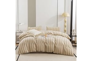 ECOCOTT Duvet Cover Queen Size - Linen Feel Organic Natural 100% Washed Cotton, Soft Breathable & Durable Bedding Set, Comfy Stripe Design for All Seasons