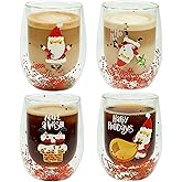 LUATSDAR Christmas Mugs, 8 oz Double Wall Insulated Glass Coffee Mugs Set of 4, Cute Funny Mugs Coffee Cups for Cappuccino, Latte, Americano, Tea, Wine and Beverage
