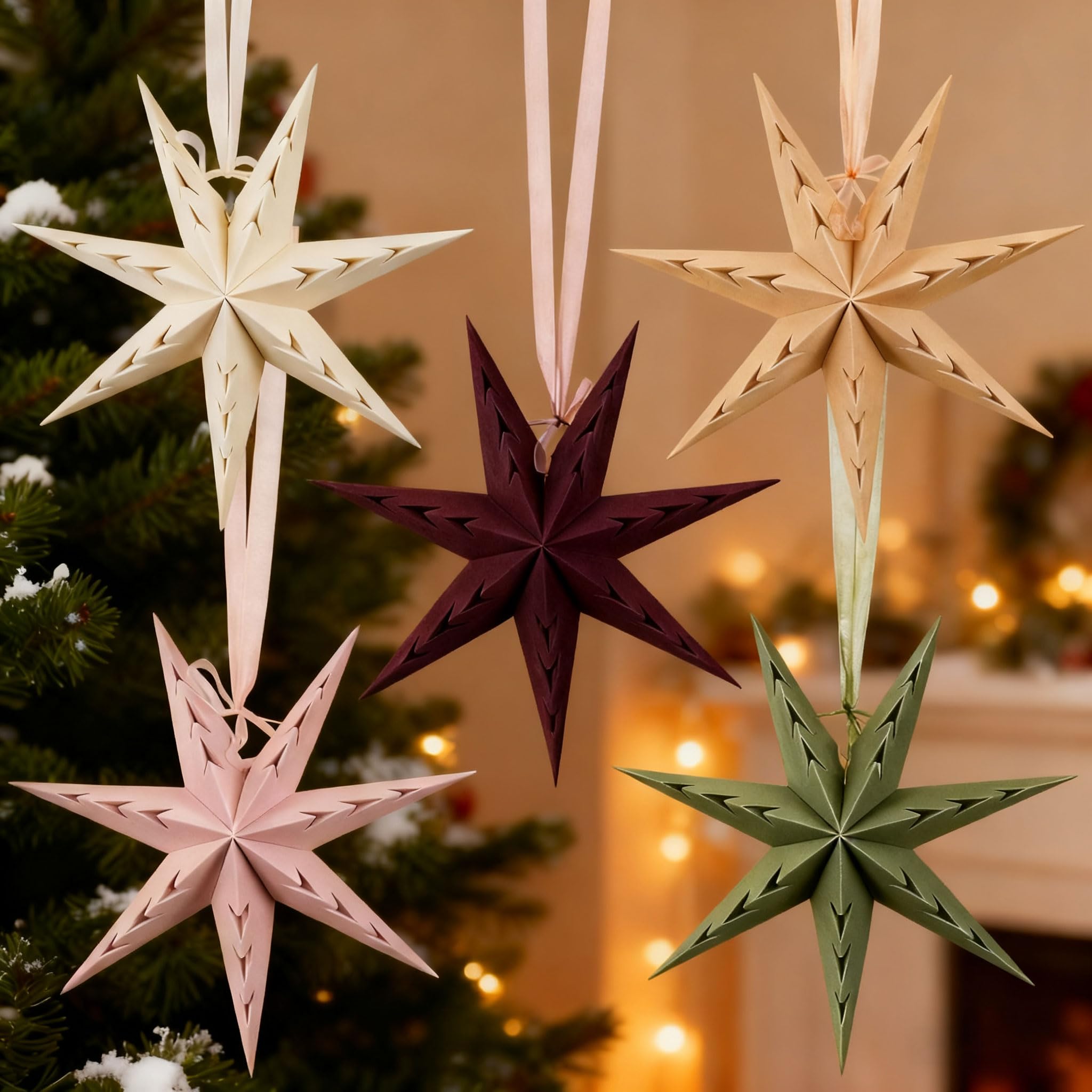 Photo 1 of 5PCS Flocked Paper Star Lantern - 12 inch Hanging Velvet Christmas Paper Star Lampshade 7 Points Christmas Stars Foldable for Xmas Wedding Home Decor