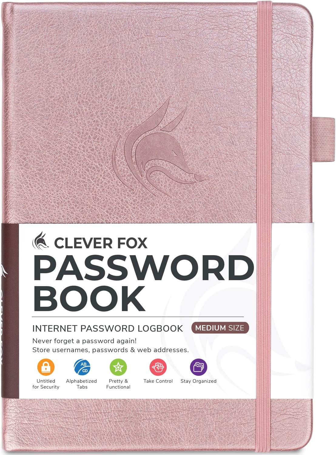 Clever Fox Password Book with alphabetical tabs. Internet Address Organizer Logbook. Medium Password Keeper for Website Logins (Rose Gold)