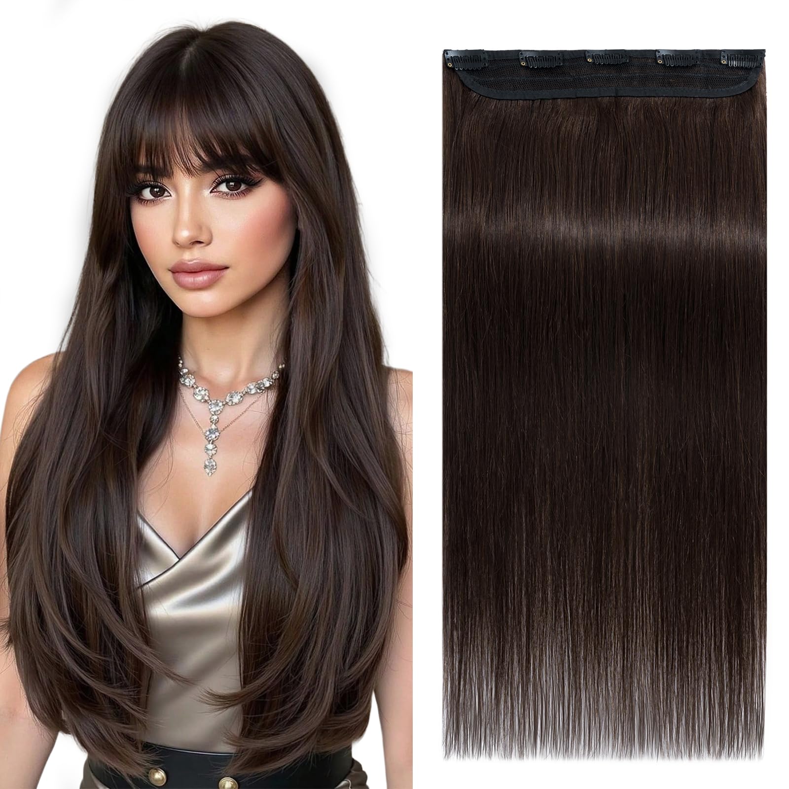 S-noilite One Piece Clip in Human Hair Extensions Real Hair 1PCS Remy Hair Extension Straight Natural Long Thin Type (20nch 50g #2 Dark Brown)