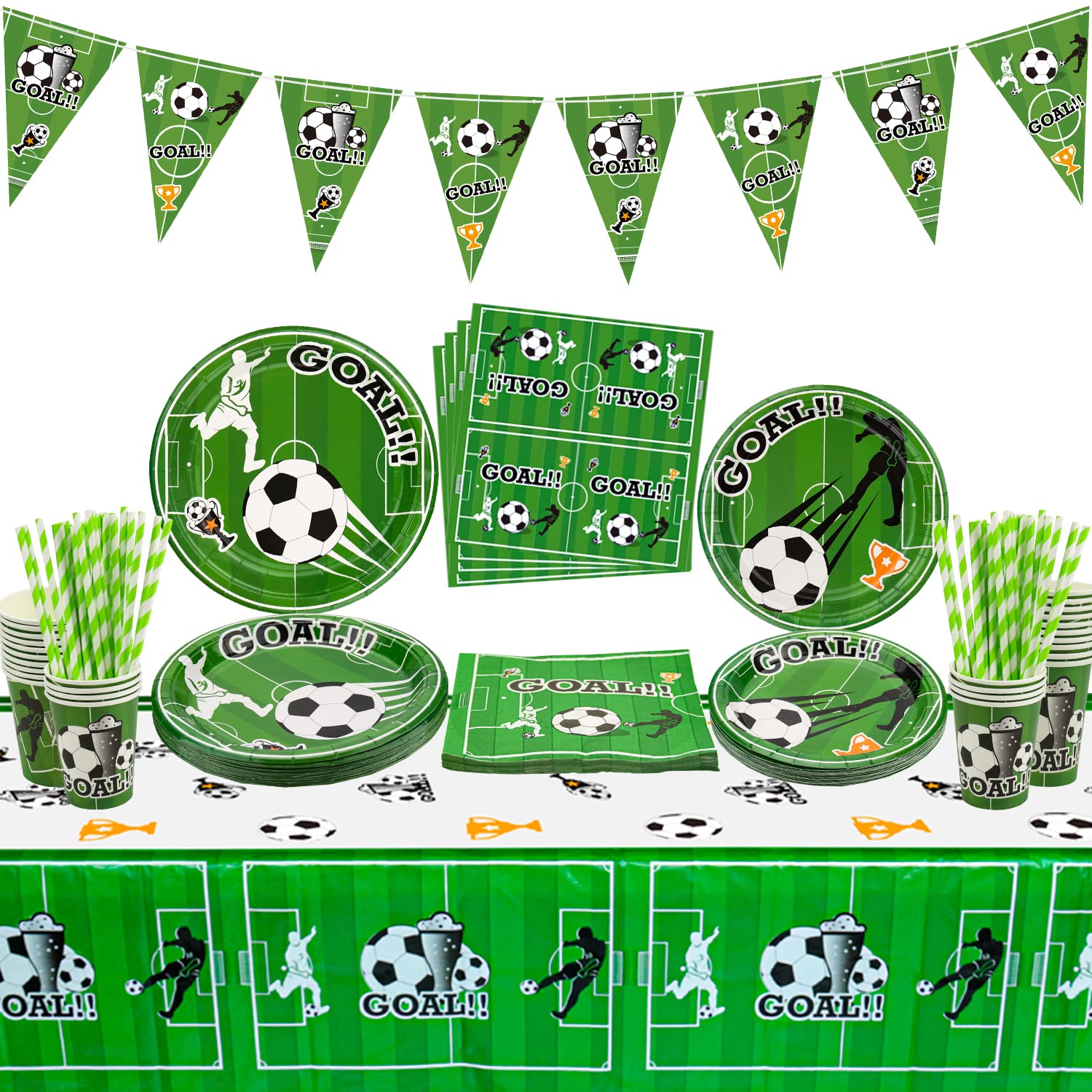 Football Party Supplies - Includes Football Flag, Plates, Napkins, Cups, Tablecloth and Paper Straws for Boys Sports Theme Birthday Decorations, Serves 20 Guests
