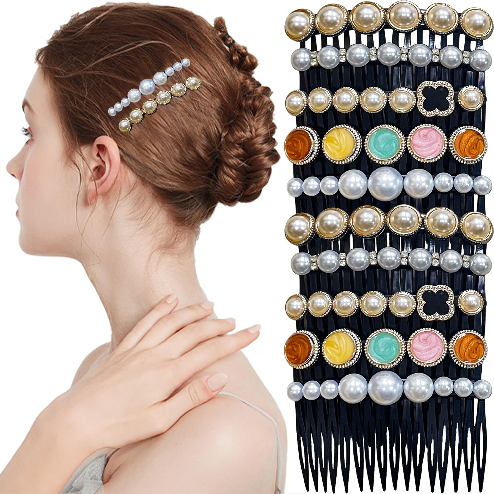 10Pcs Pearl French Hair Comb Accessories - Vintage Elegant Side Combs for Women & Girls - Bridal Fine Hair
