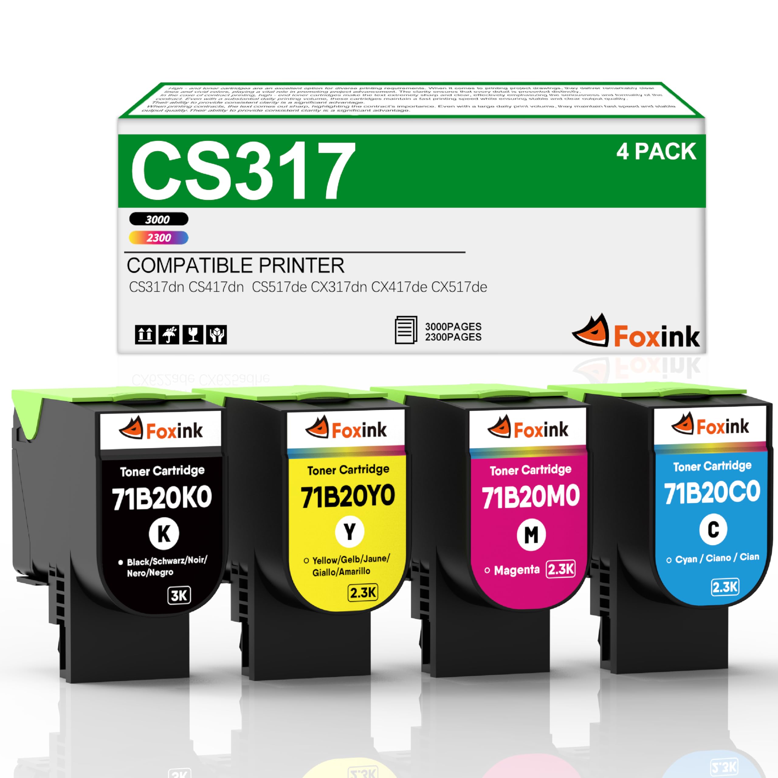 CX317 Toner Cartridge Replacement for Lexmark CX317dn Toner Cartridge for Lexmark CX417dn CX517de CS317 CS417 CS517 71B20K0 71B20C0 71B20M0 71B20Y0 ,3000 Pages&2300 Pages, 4 Pack