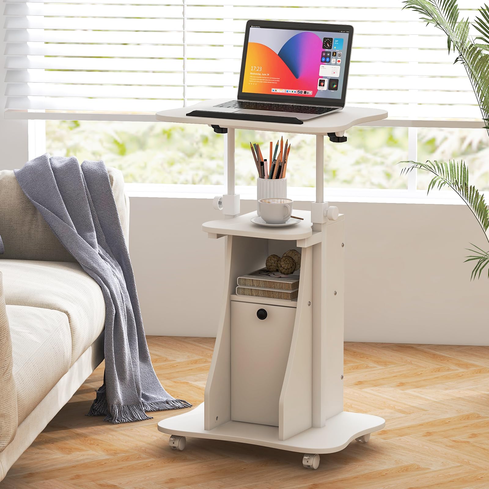 Tangkula Mobile Standing Desk – Height-Adjustable Laptop Cart With Tilting Top, Casters & Hooks. Perfect For Home Office!