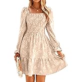 BerryGo Women's Square Neck Fall Long Sleeve Mini Dress Smocked Swing Ruffle Wedding Guest Dress