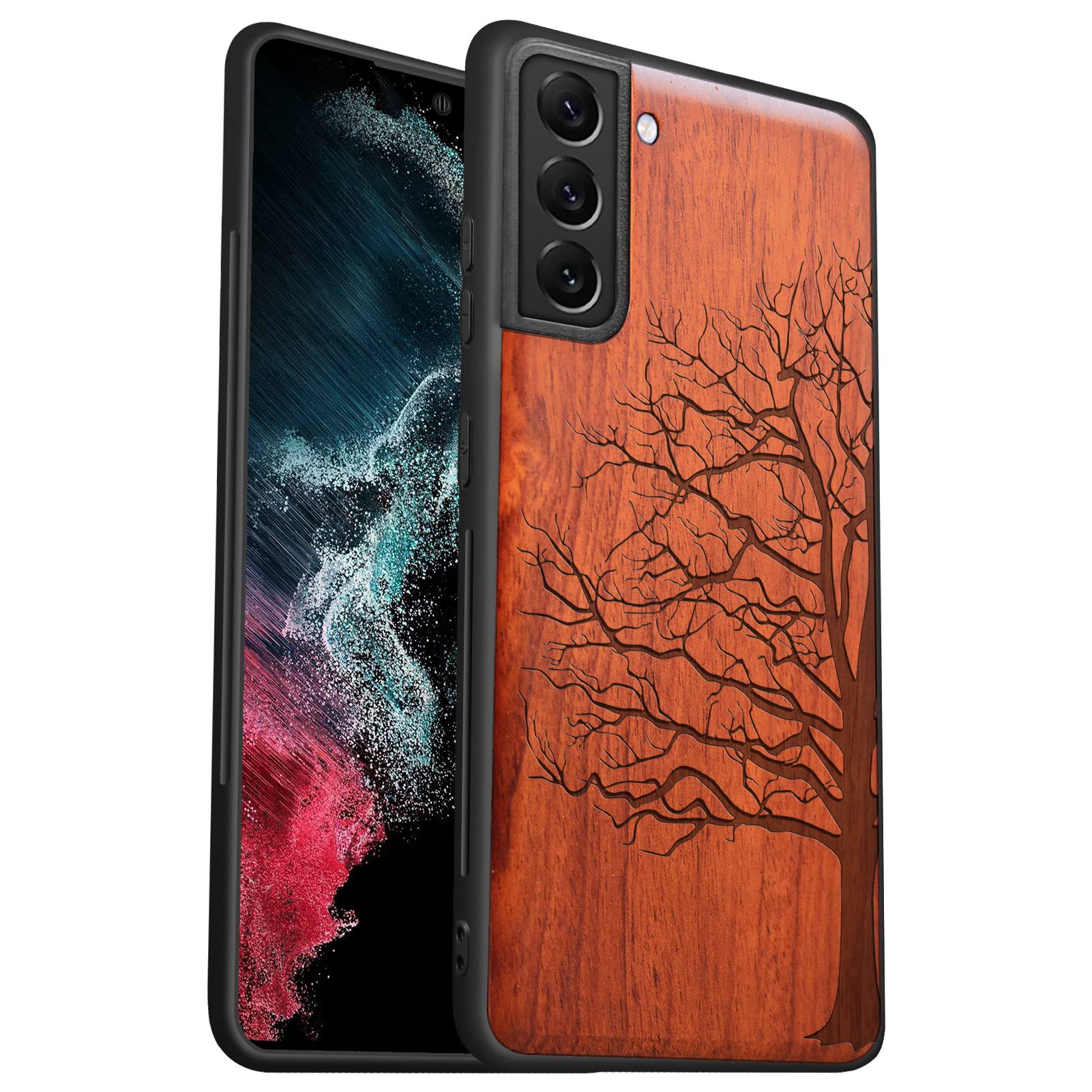 Carveit Wood Case for Galaxy S22+ Case 2022 [Hard Real Wood & Soft TPU] Shockproof Hybrid Protective Cover Unique & Classy Wooden Case Compatible with S22 Plus Case (Eternal Tree Carving -Rosewood)