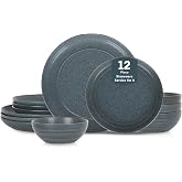 Stone Lain Elio 12-Piece Dinnerware Set Stoneware, Plates and Bowls Set, Dish Set for 4, Blue
