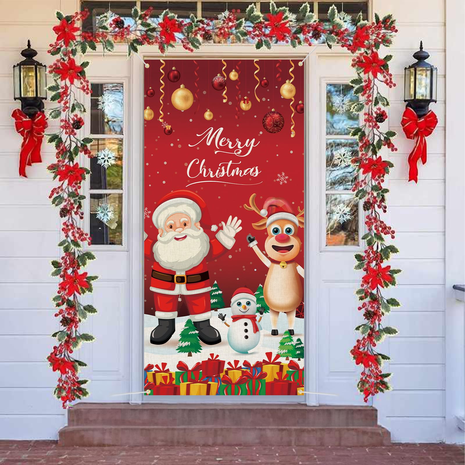 AOLOA Christmas Door Cover With Santa & Reindeer - Hanging Banner for Xmas, Winter Party, New Year Indoor Outside Front Door Decorations and Party Supplies
