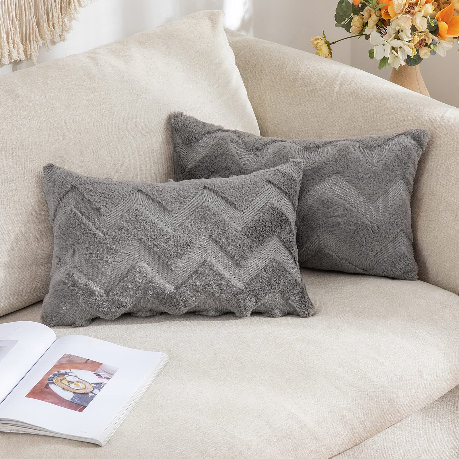 MIULEE Set of 2 Cushion Covers in Artificial Wool and Artificial Suede with Wave Patterns on Two Sides Comfortable Pillowcase for Living Room, Bedroom, Sofa, 30 x 50 cm, Dark Grey