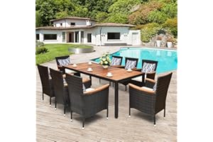 Tangkula 9 Piece Outdoor Dining Set, Garden Patio Wicker Set w/Cushions, Furniture with Acacia Wood Table and Stackable Armrest Chairs
