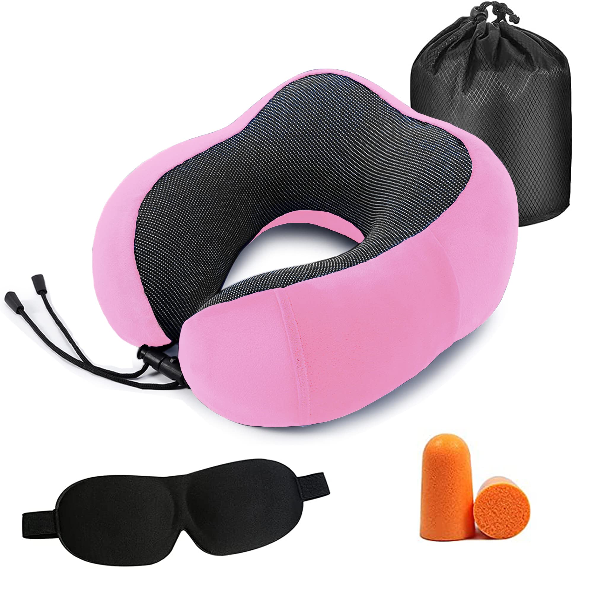 Travel Pillow Memory Foam Neck Pillow for Airplane，Adjustable Flight Pillow Ergonomic Neck Cushion for Adults With Ear Plugs, Eye Mask, Carry Bag (Pink)