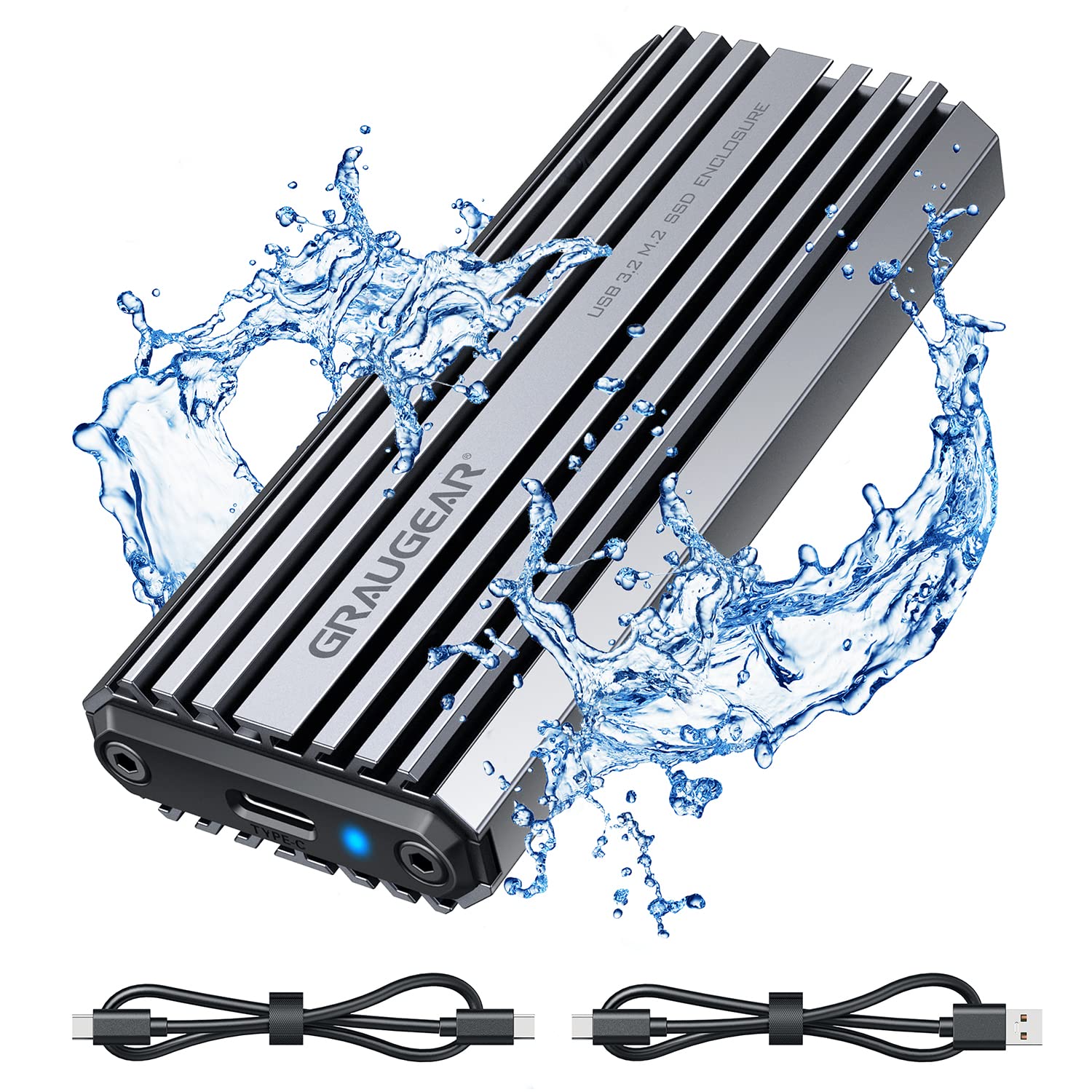GRAUGEAR Aluminium Enclosure for M.2 NVMe SSD, USB 3.2 (Gen2, 10 Gbps), Two Cables USB-C & USB-A to C, M.2-PCIe Length 2280, 2260, 2242, 2230, Splash-proof IP66, G-M201-AC-10G